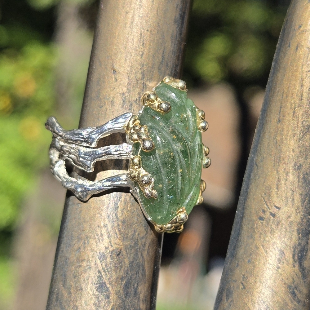 Adventurine 8k Natural Sterling & Gold Ring Sz7 - Picture 5 of 8